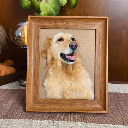 Custom framed wool pet portrait by Pawloom Studio