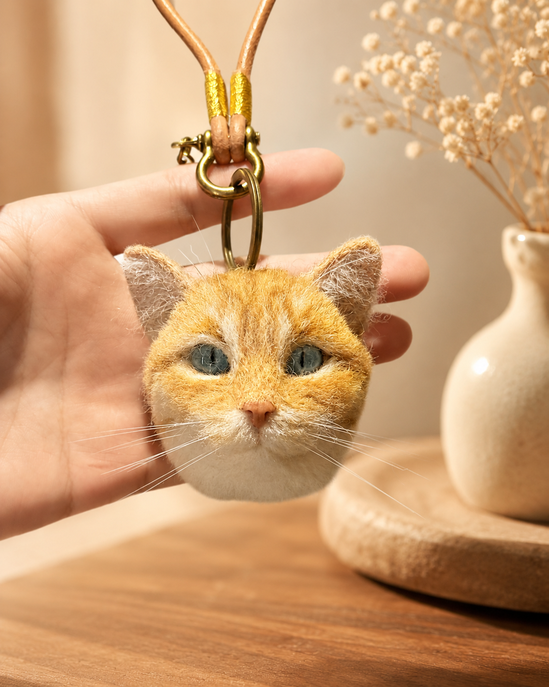 Custom felted orange cat portrait charm by Pawloom Studio
