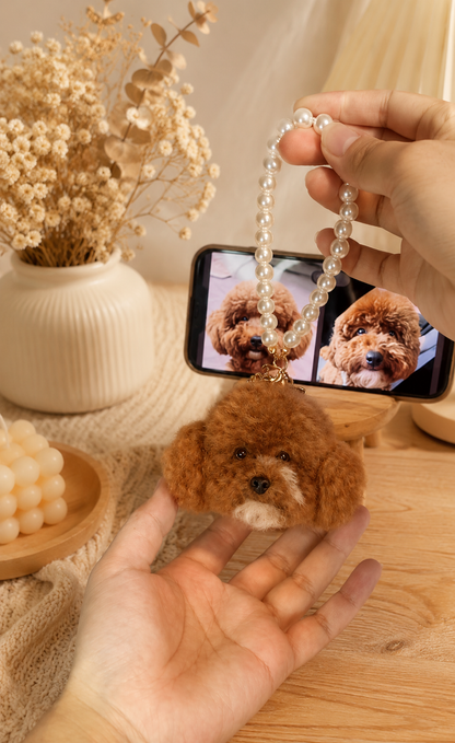 Custom felted poodle portrait charm with pearl-style strap