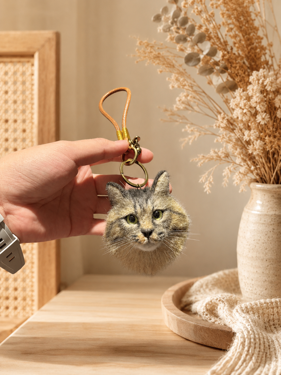 Custom felted tabby cat portrait charm with leather loop