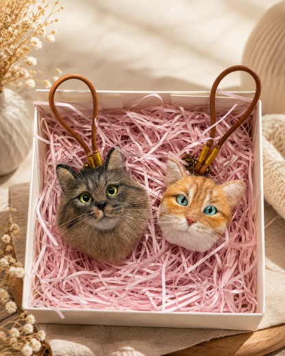 Pair of custom felted cat portrait charms in a gift box