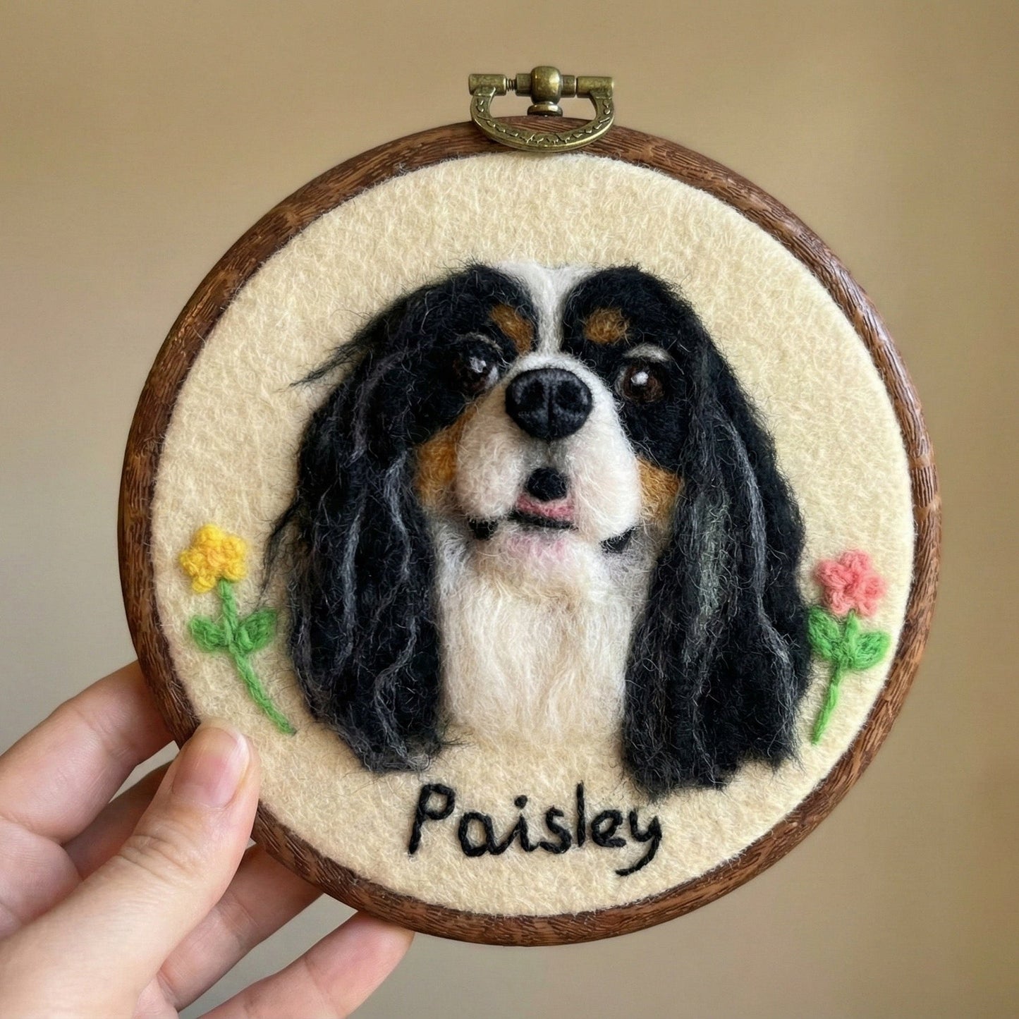 Handcrafted wool pet hoop portrait display