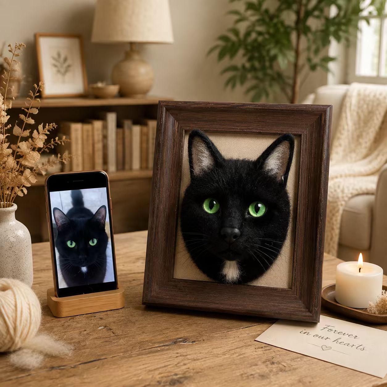 Custom framed wool portrait of a black cat with green eyes