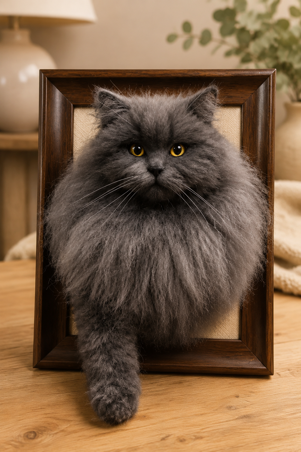Handcrafted framed wool portrait of a gray long-haired cat