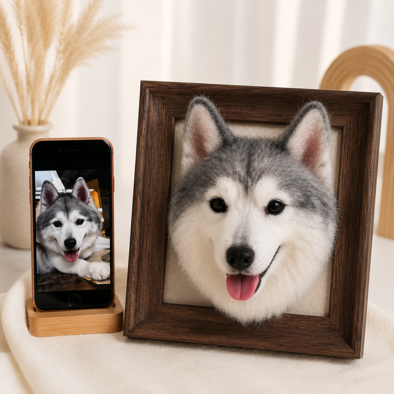 Custom framed wool portrait of a husky with reference photo