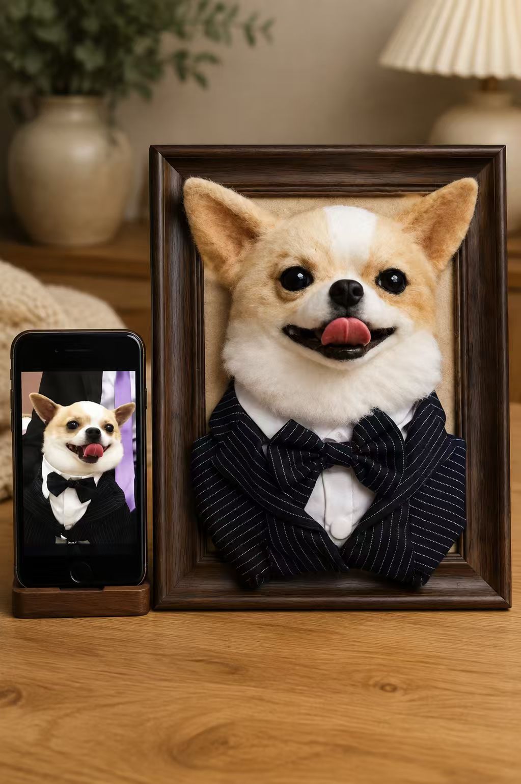Custom framed wool dog portrait with formal outfit