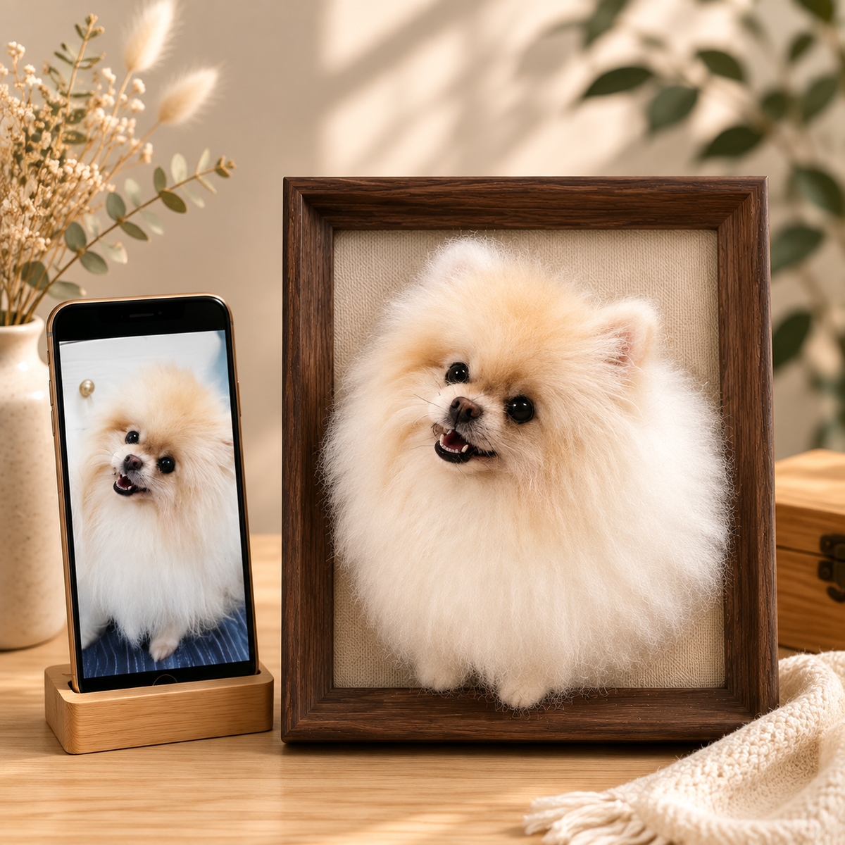 Custom framed wool portrait of a white Pomeranian with reference photo