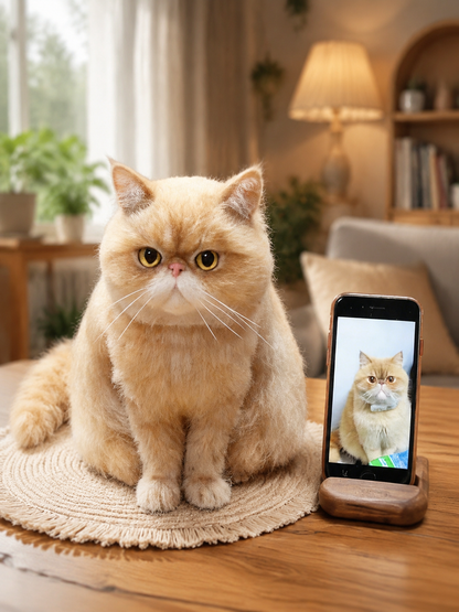Custom full-body wool cat figurine beside its reference photo