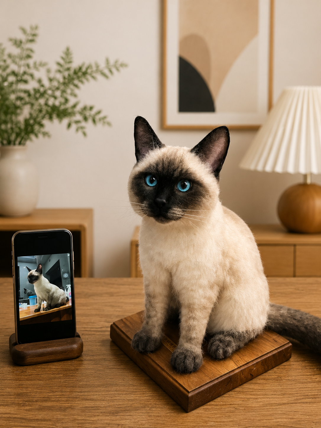 Handcrafted full-body wool Siamese cat figurine with reference photo