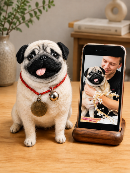 Handcrafted full-body wool pug figurine with lifelike details