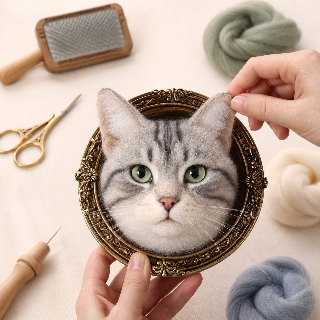 Handcrafted mini framed grey tabby cat portrait by Pawloom Studio