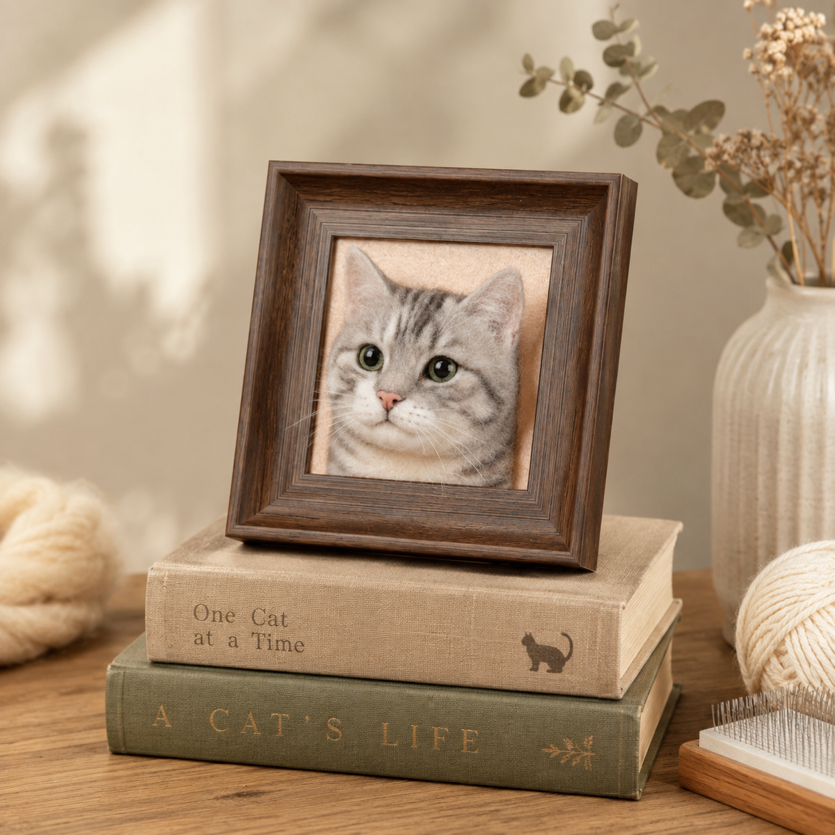 Mini framed wool tabby cat portrait displayed on books