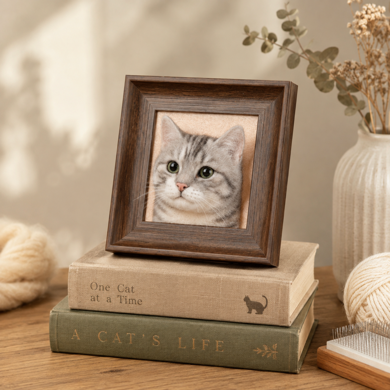 Mini framed wool tabby cat portrait displayed on books