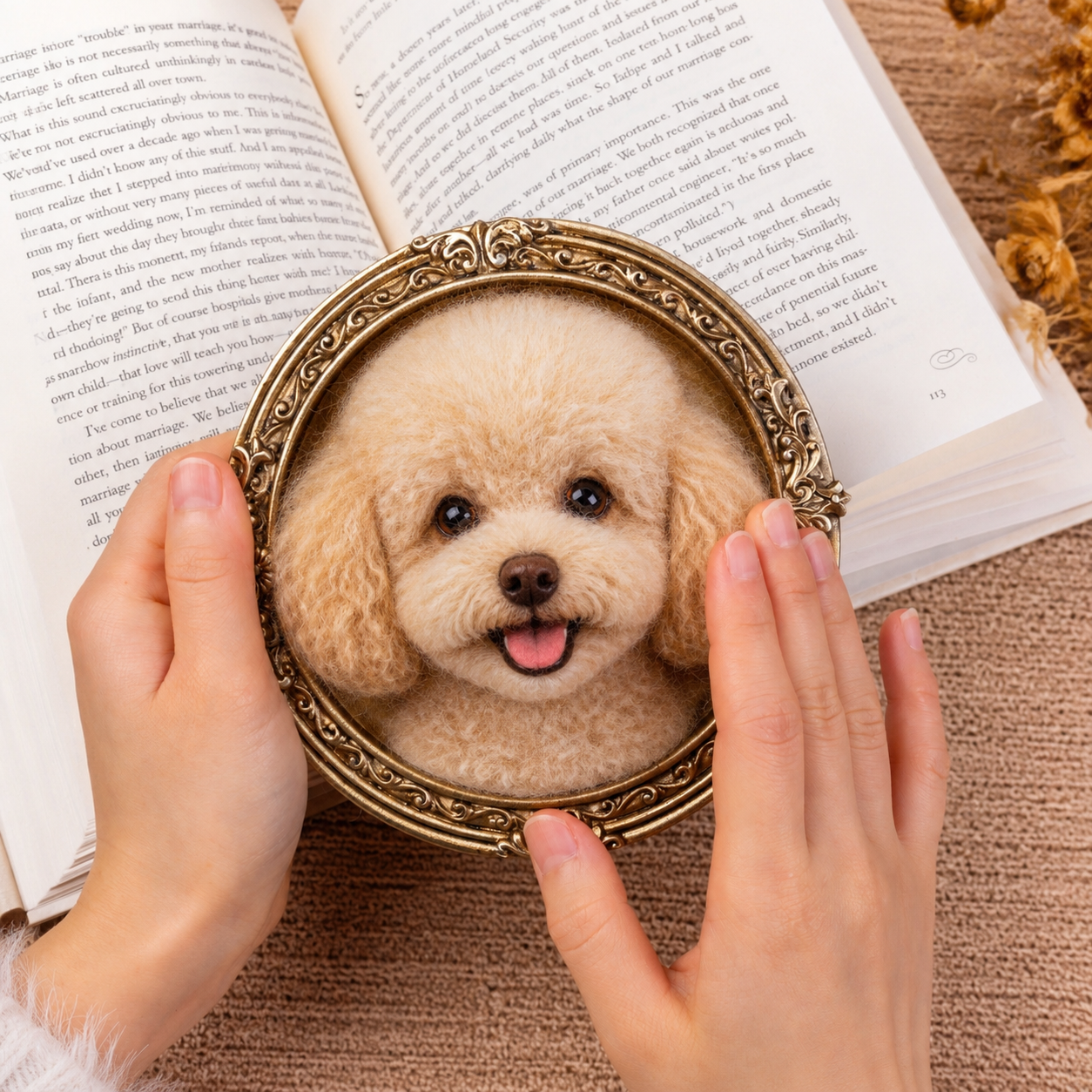 Handcrafted mini framed poodle portrait in an ornate round frame