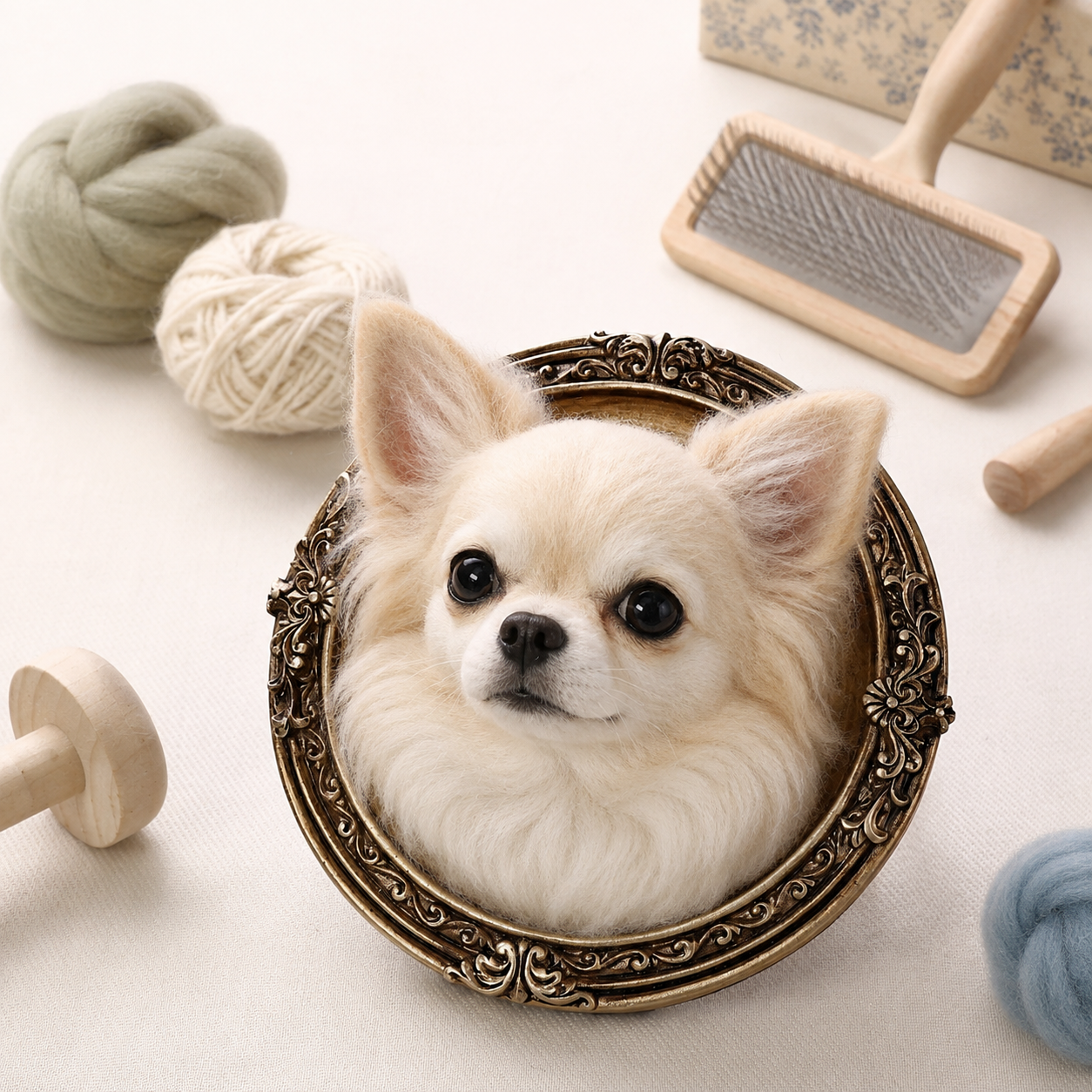 Mini framed white Chihuahua wool portrait with crafting tools