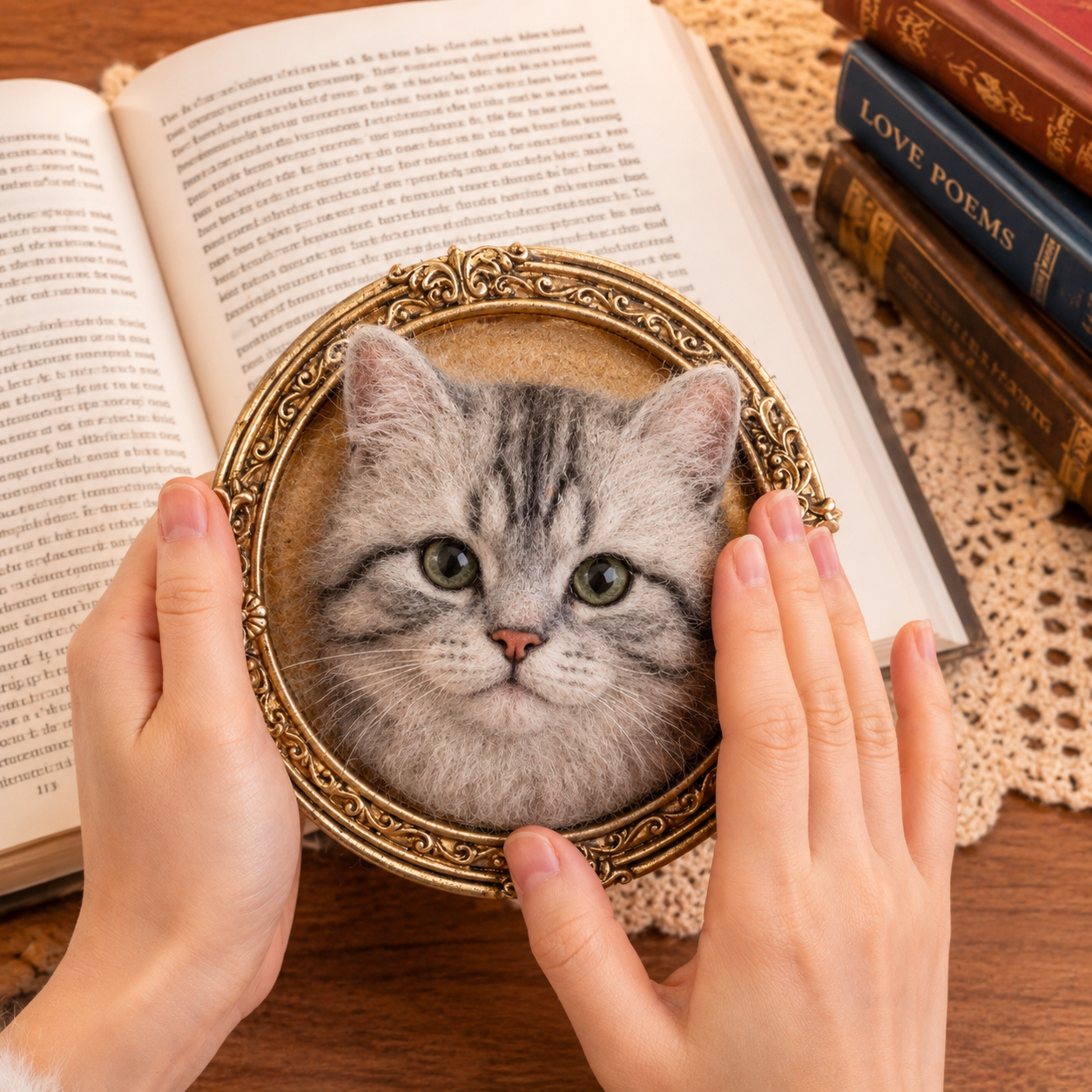 Mini framed grey tabby cat wool portrait in an ornate frame