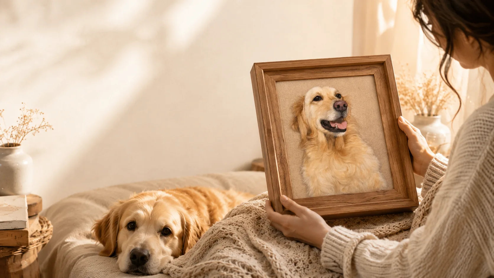 Handcrafted framed wool pet portrait beside a beloved dog