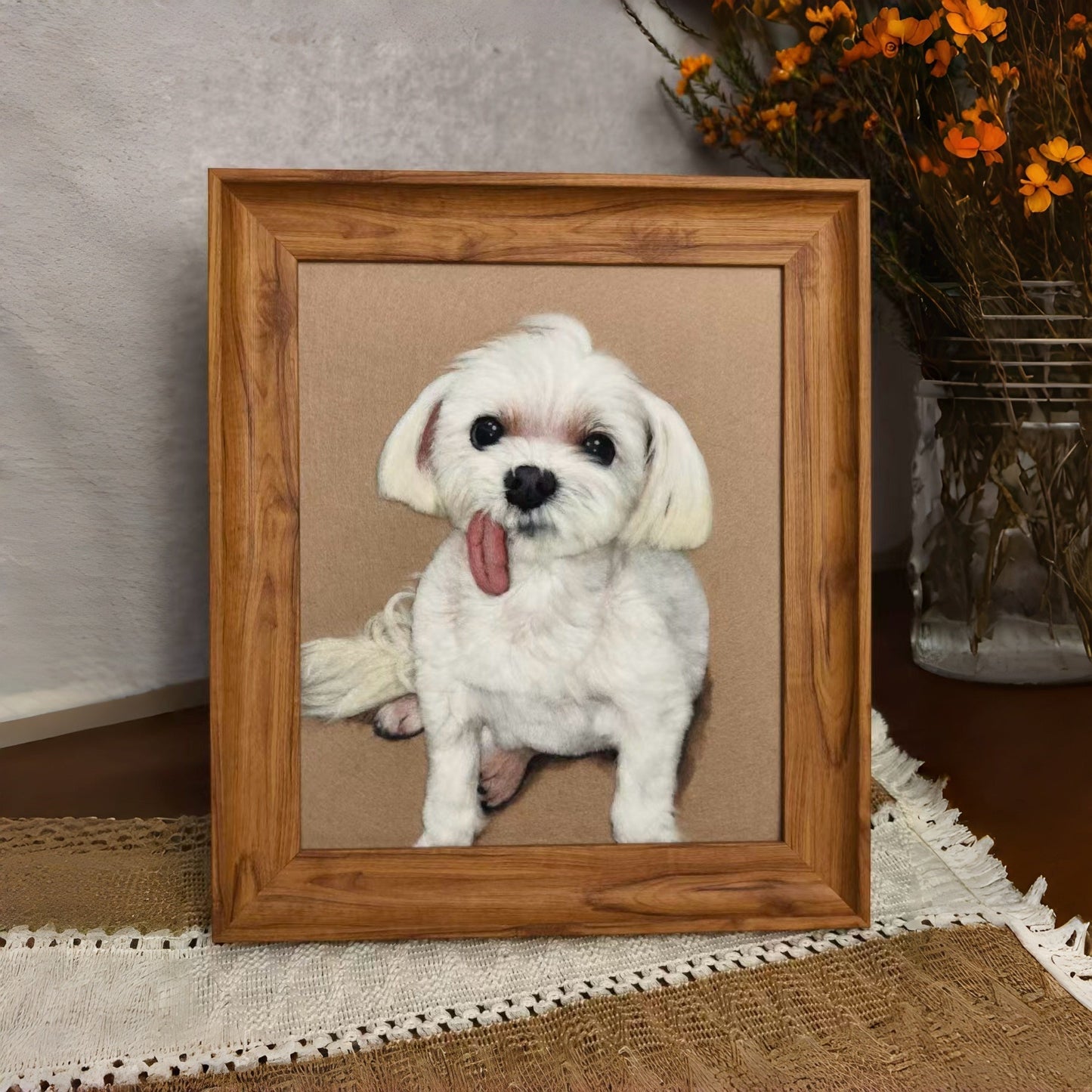 Handcrafted wool-painted portrait of a white Maltese