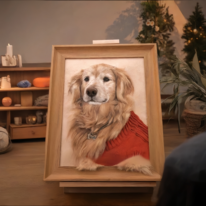 Wool-painted senior golden retriever portrait in a red sweater
