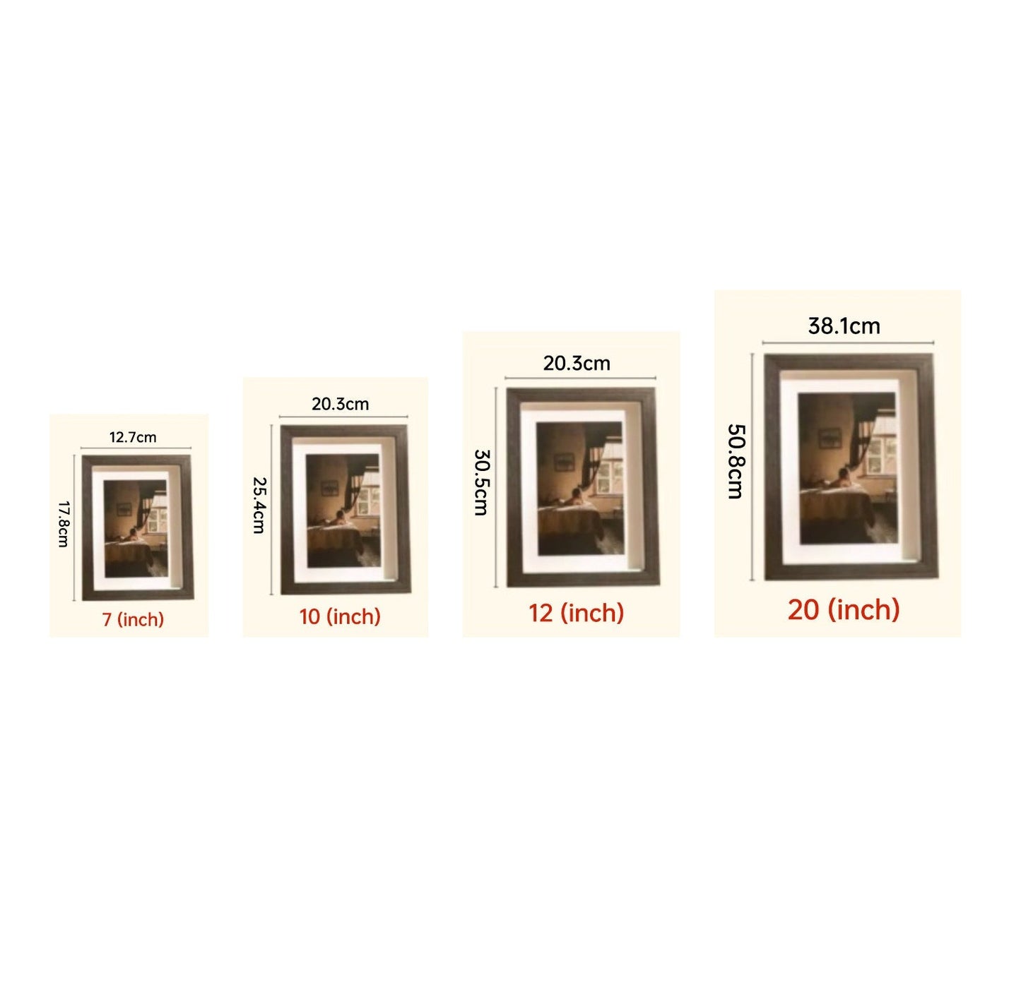 Wool-painted pet portrait size guide for 7, 10, 12, and 20 inch frames